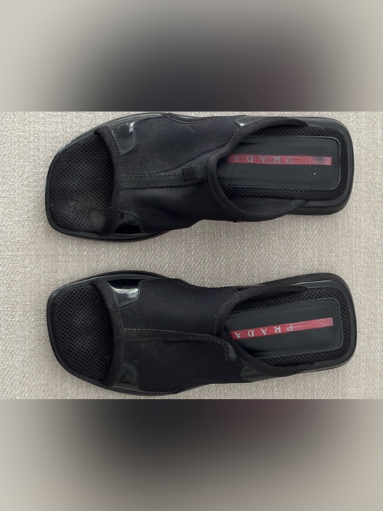 Prada Shoes - Prada Black Mesh & Patent Trim Slide Sandals with Red Insole Stripe